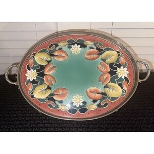 Vintage Gesetzlich geschutzt Tray‎ With Floral Porcelain/Enamel & Metal Frame